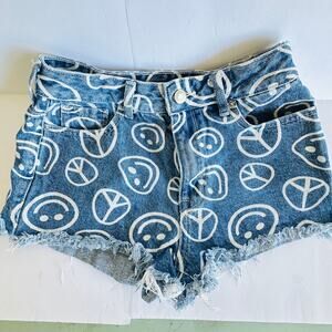 Pacsun Micro Denim Cut Off Shorts Smiley Face Peace Sign High Waist Festival 24